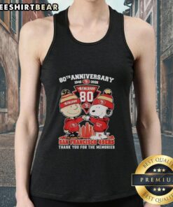 Pretty San Francisco 49ers outfit featuring Snoopy and Charlie Brown tank top for their 80th anniversary, 1846-2026.
