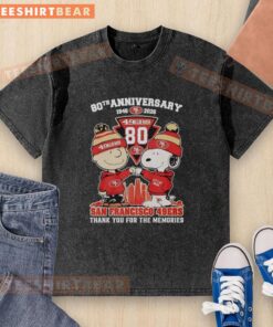 Alt Text: Stylish San Francisco 49ers outfit featuring Snoopy and Charlie Brown for their 80th anniversary, 1846-2026.
