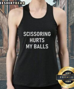 Model wearing a 'Pretty Scissoring Hurts My Balls' tank top, showcasing a trendy design and casual style.