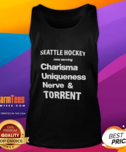 Alt Text: Pretty Seattle Hockey tank top featuring 'Charisma, Uniqueness, Nerve, and Torrent' design, perfect for hockey fans.