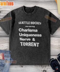Alt Text: Pretty Seattle Hockey Charisma, Uniqueness, Nerve, and Torrent washed t-shirt displayed on a hanger.