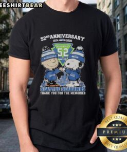 Pretty Seattle Seahawks outfit featuring Snoopy and Charlie Brown 52nd Anniversary 1974-2026 T-shirt for fans.