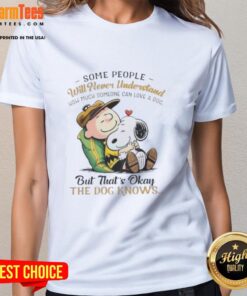 Alt Text: Pretty Snoopy and Charlie Brown graphic on a ladies tee, showcasing love for dogs with the quote about understanding.