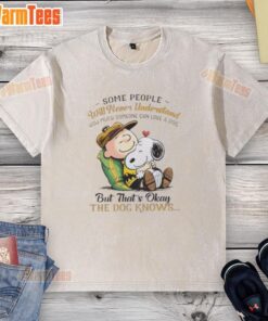 Pretty Snoopy and Charlie Brown on a washed t-shirt, showcasing love for dogs with the quote on canine companionship.