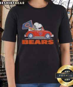 Alt Text: Pretty Snoopy and Woodstock riding a Chicago Bears football car on a ladies tee, perfect for NFL fans.