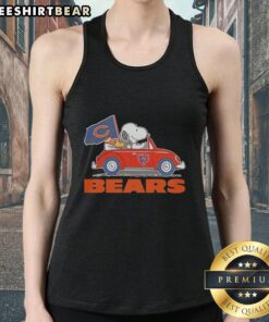 Pretty Snoopy and Woodstock riding a Chicago Bears football car tank top, showcasing fun team spirit and style.