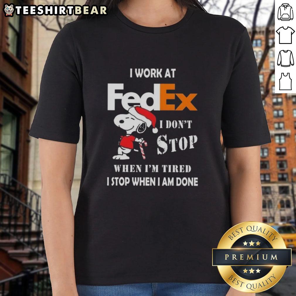pretty-snoopy-i-work-at-fedex-i-dont-stop-when-im-tired-i-stop-when-i-am-done-christmas-ladies-tee Alt Text: Pretty Snoopy Christmas tee for ladies with 'I work at FedEx, I don't stop when I'm tired' slogan.