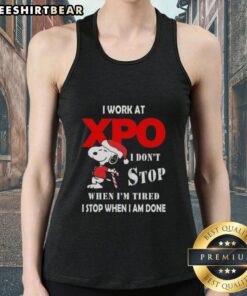 Alt Text: Pretty Snoopy Christmas tank top with 'I work at XPO, I dont stop when Im tired, I stop when I am done' text.