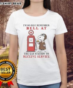 Alt Text: Pretty Snoopy graphic tee for ladies with nostalgic gas station bell design, perfect for vintage style lovers.