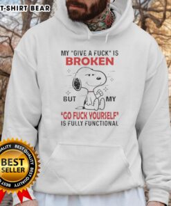 Alt Text: Pretty Snoopy hoodie with 'My Give A Fuck Is Broken' and 'Waamy Go Fuck Yourself' designs, perfect for casual wear.
