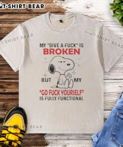 Alt Text: Pretty Snoopy t-shirt with 'My Give A F* Is Broken' and 'Waamy Go F* Yourself' design, showcasing a fun graphic.