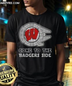 Pretty Star Wars Come To The Wisconsin Badgers Side T-Shirt featuring a vibrant design for fans of both franchises.