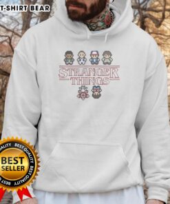 Alt Text: Pretty Stranger Things Upside Down characters pixel hoodie featuring vibrant graphics of favorite characters.