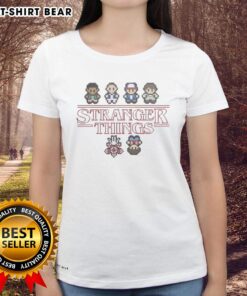 Alt Text: Pretty Stranger Things Upside Down Characters Pixel Ladies Tee featuring iconic characters in a vibrant pixel art design.