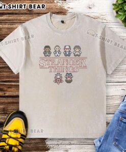 Alt Text: Pretty Stranger Things Upside Down characters on a pixel washed t-shirt, featuring vibrant colors and unique design.
