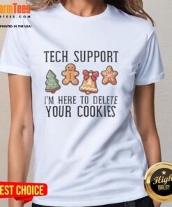 Funny Christmas ladies tee featuring tech support humor about deleting cookies. Perfect for holiday celebrations!