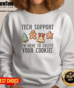 Funny Christmas sweatshirt featuring 'Delete Your Cookies' design for tech support lovers.