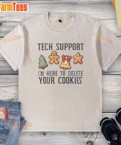 Funny Christmas T-shirt featuring 'Delete Your Cookies' tech support design, perfect for holiday tech enthusiasts.