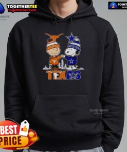 Pretty Texas city skyline with Charlie Brown, Longhorns, and Snoopy in a Dallas Cowboys hoodie, showcasing Texas pride.