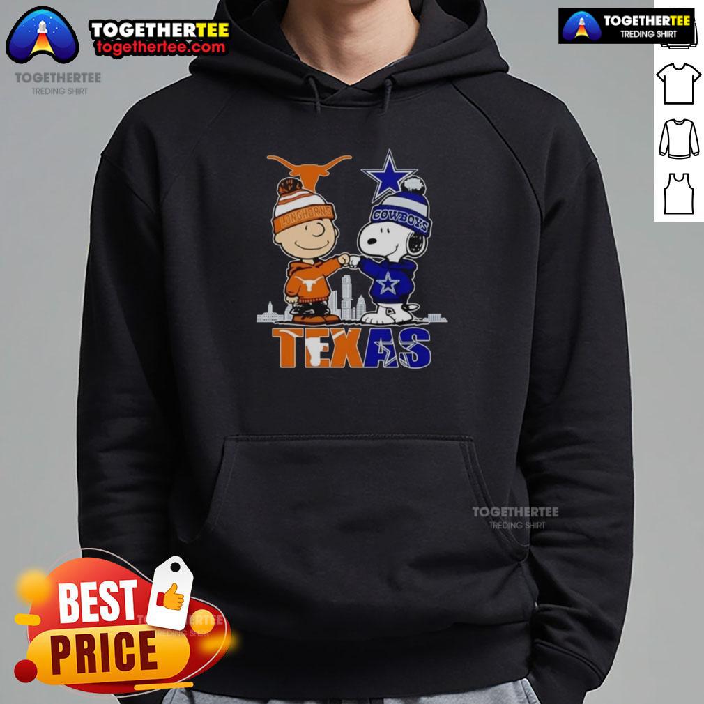 Pretty Texas City Skyline Charlie Brown Texas Longhorns And Snoopy Dallas Cowboys Hoodie Pretty Texas city skyline with Charlie Brown, Longhorns, and Snoopy in a Dallas Cowboys hoodie, showcasing Texas pride.