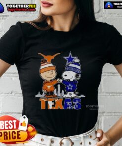 Pretty Texas city skyline featuring Charlie Brown, Texas Longhorns, and Snoopy on a Dallas Cowboys ladies tee.