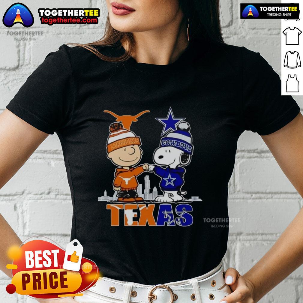 Pretty Texas City Skyline Charlie Brown Texas Longhorns And Snoopy Dallas Cowboys Ladies-Tee Pretty Texas city skyline featuring Charlie Brown, Texas Longhorns, and Snoopy on a Dallas Cowboys ladies tee.