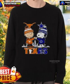 Alt Text: Pretty Texas city skyline with Charlie Brown, Texas Longhorns, and Snoopy on a Dallas Cowboys sweatshirt.