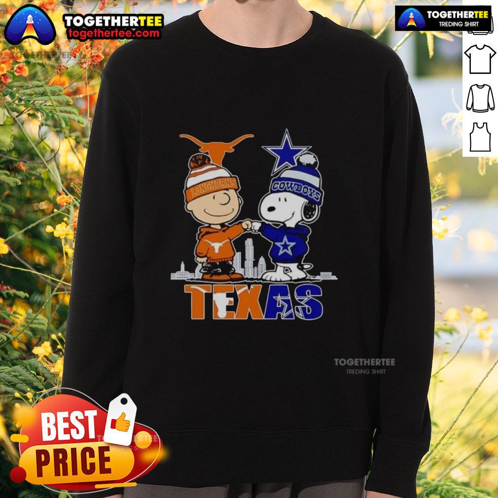 Pretty Texas City Skyline Charlie Brown Texas Longhorns And Snoopy Dallas Cowboys Sweatshirt Alt Text: Pretty Texas city skyline with Charlie Brown, Texas Longhorns, and Snoopy on a Dallas Cowboys sweatshirt.