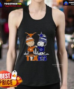 Pretty Texas city skyline featuring Charlie Brown, Texas Longhorns, and Snoopy on a Dallas Cowboys tank top design.