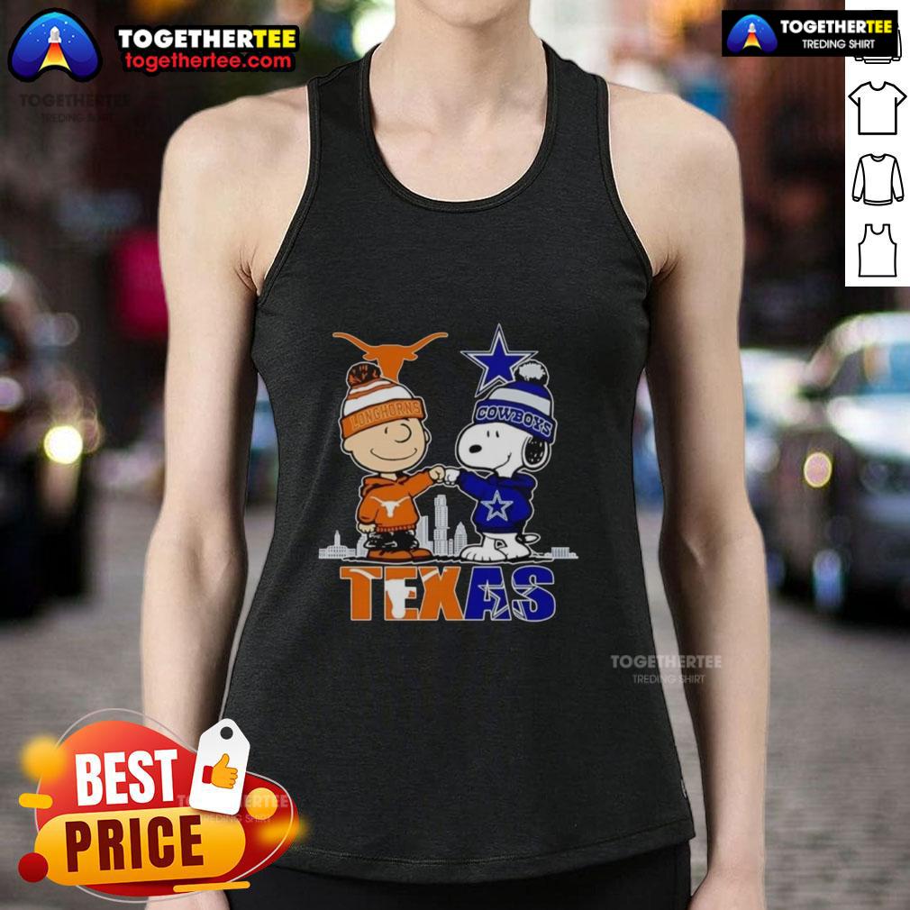Pretty Texas City Skyline Charlie Brown Texas Longhorns And Snoopy Dallas Cowboys Tank Top Pretty Texas city skyline featuring Charlie Brown, Texas Longhorns, and Snoopy on a Dallas Cowboys tank top design.
