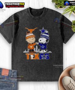 Pretty Texas city skyline featuring Charlie Brown, Texas Longhorns, and Snoopy with Dallas Cowboys washed t-shirt design.