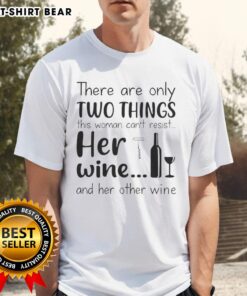 Woman wearing 'Her Wine and Her Other Wine' T-shirt, happily enjoying a glass of wine outdoors.
