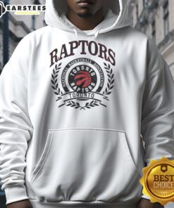 Alt Text: Retro Toronto Raptors NBA logo with laurel wreath frame on a stylish hoodie, perfect for basketball fans.