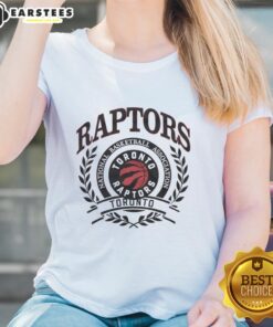 Pretty Toronto Raptors NBA logo framed by a laurel wreath on a retro ladies tee design.