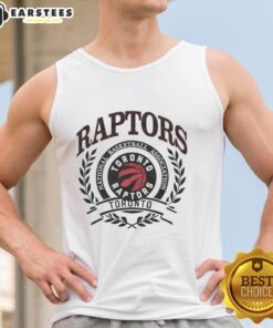 Alt Text: Retro Toronto Raptors NBA logo tank top featuring a laurel wreath frame, perfect for basketball fans.