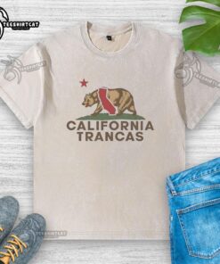 Alt Text: Vintage washed t-shirt featuring a California bear design and playful California Republic wordplay in Trancas style.