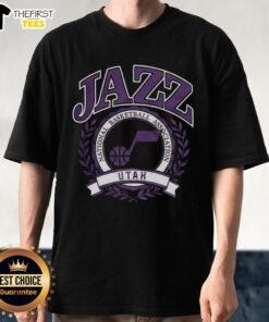Retro Utah Jazz NBA logo t-shirt with a laurel wreath frame, perfect for basketball fans and collectors.