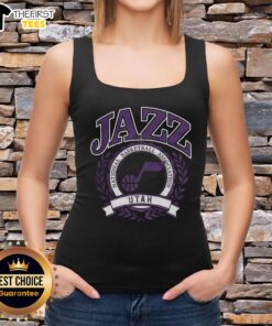 Retro Utah Jazz NBA logo tank top featuring a laurel wreath frame, perfect for basketball fans and stylish summer wear.