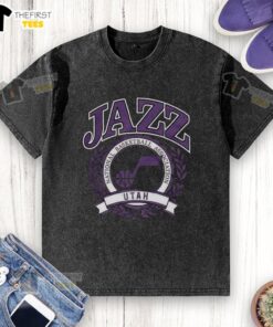 Retro washed t-shirt featuring the Utah Jazz NBA logo framed by a laurel wreath, perfect for basketball fans.