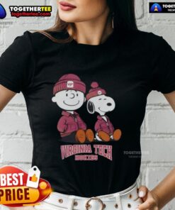 Alt Text: Pretty Virginia Tech Hokies X Snoopy and Charlie Brown ladies tee featuring vibrant graphics and stylish design.