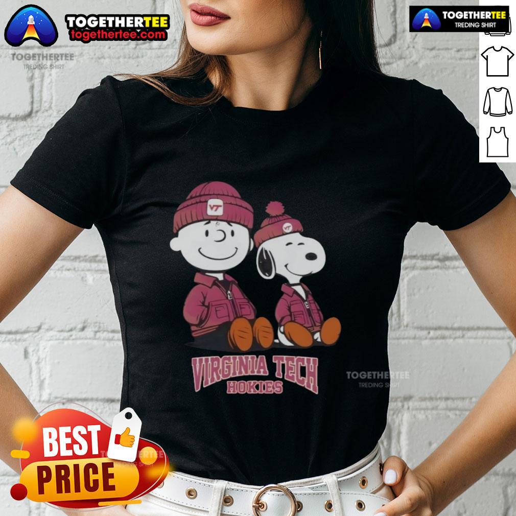 Pretty Virginia Tech Hokies X Snoopy And Charlie Brown Ladies Tee Alt Text: Pretty Virginia Tech Hokies X Snoopy and Charlie Brown ladies tee featuring vibrant graphics and stylish design.