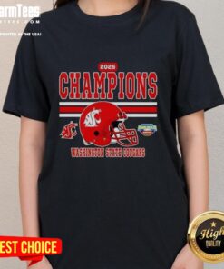 Pretty Washington State Cougars 2025 Potato Bowl Champions helmet on a ladies tee, showcasing team pride and style.