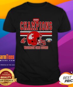 Alt Text: Washington State Cougars 2025 Potato Bowl Champions helmet t-shirt featuring team colors and logo.