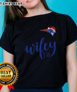 Pretty Wifey New England Patriots Santa Hat Merry Christmas Ladies Tee featuring festive design for holiday cheer.