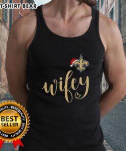 Pretty Wifey New Orleans Saints Santa Hat Merry Christmas Tank Top worn by a woman, showcasing festive holiday spirit.