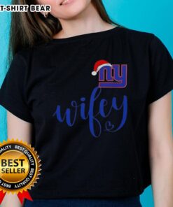 Pretty Wifey New York Giants Santa Hat Merry Christmas Ladies Tee, festive holiday apparel for Giants fans.