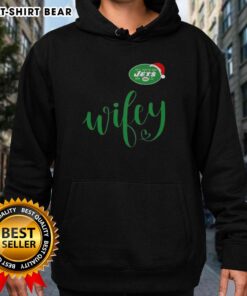 Alt Text: Pretty Wifey New York Jets Santa Hat Merry Christmas Hoodie for women, perfect for festive NFL fan style.