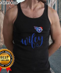 Pretty Wifey Tennessee Titans Santa hat Merry Christmas tank top worn by a woman, showcasing festive team spirit.