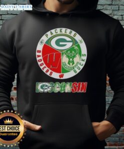 Green Bay Packers, Milwaukee Bucks, and Wisconsin Badgers logo hoodie showcasing Wisconsin city sports pride.