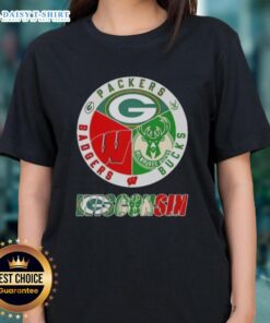 Stylish ladies' tee featuring Green Bay Packers, Milwaukee Bucks, and Wisconsin Badgers logos, perfect for sports fans.